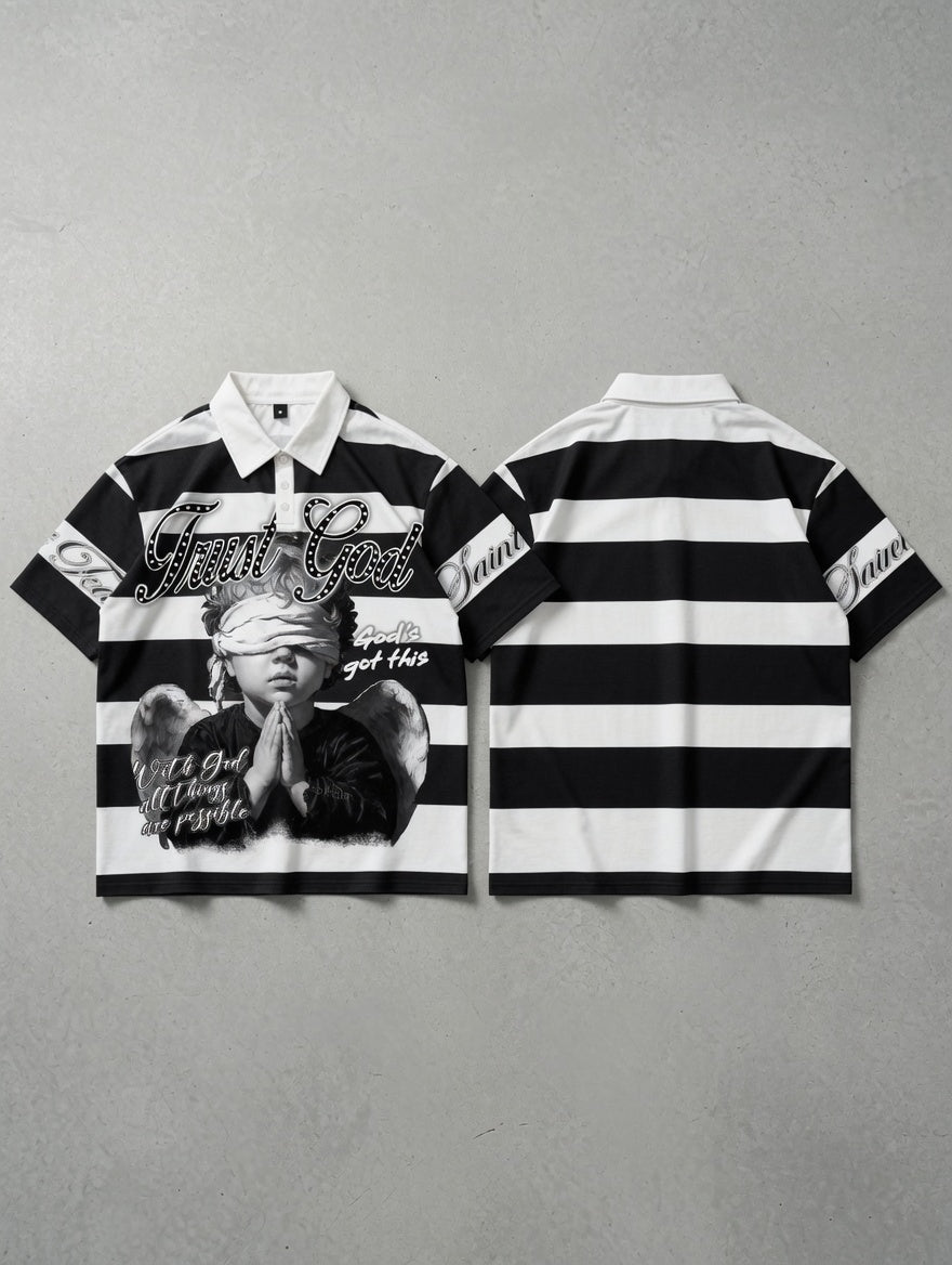 Unisex American Retro Religious Theme Striped Polo Shirt
