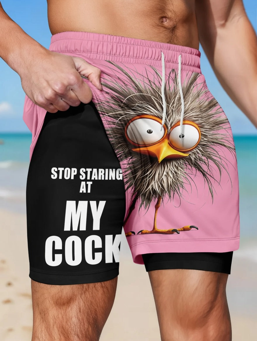 Unisex Funny Quirky Bird Print Anti-Chafe Liner 2-in-1 Straight Shorts