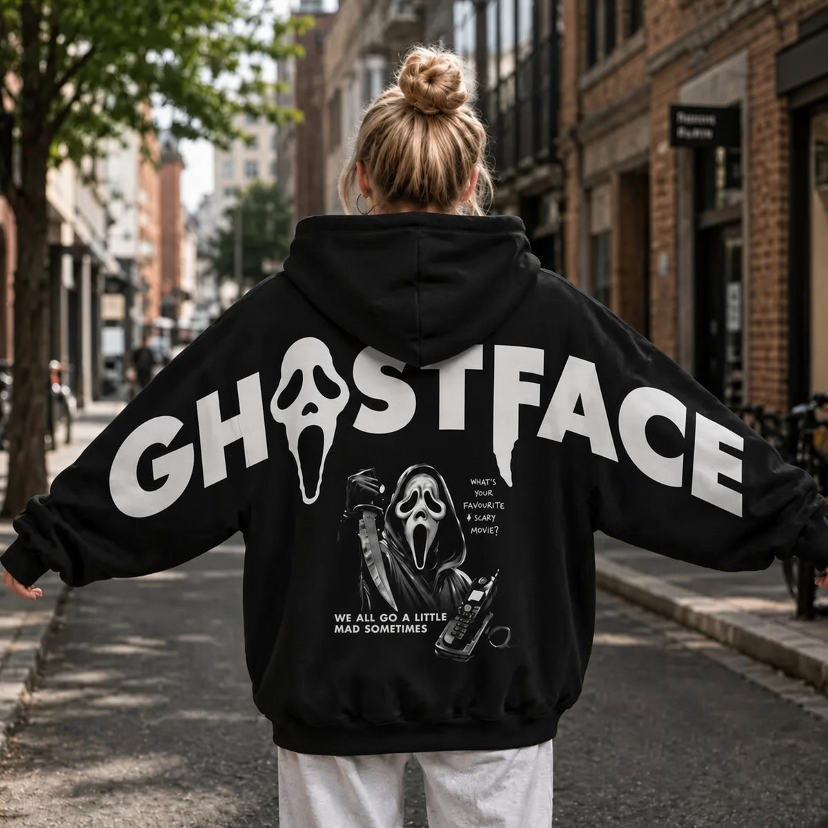 Unisex Halloween Retro 90's Funny Ghostface Shoulder-to-Shoulder Back Lettering Sweatshirt Hoodie