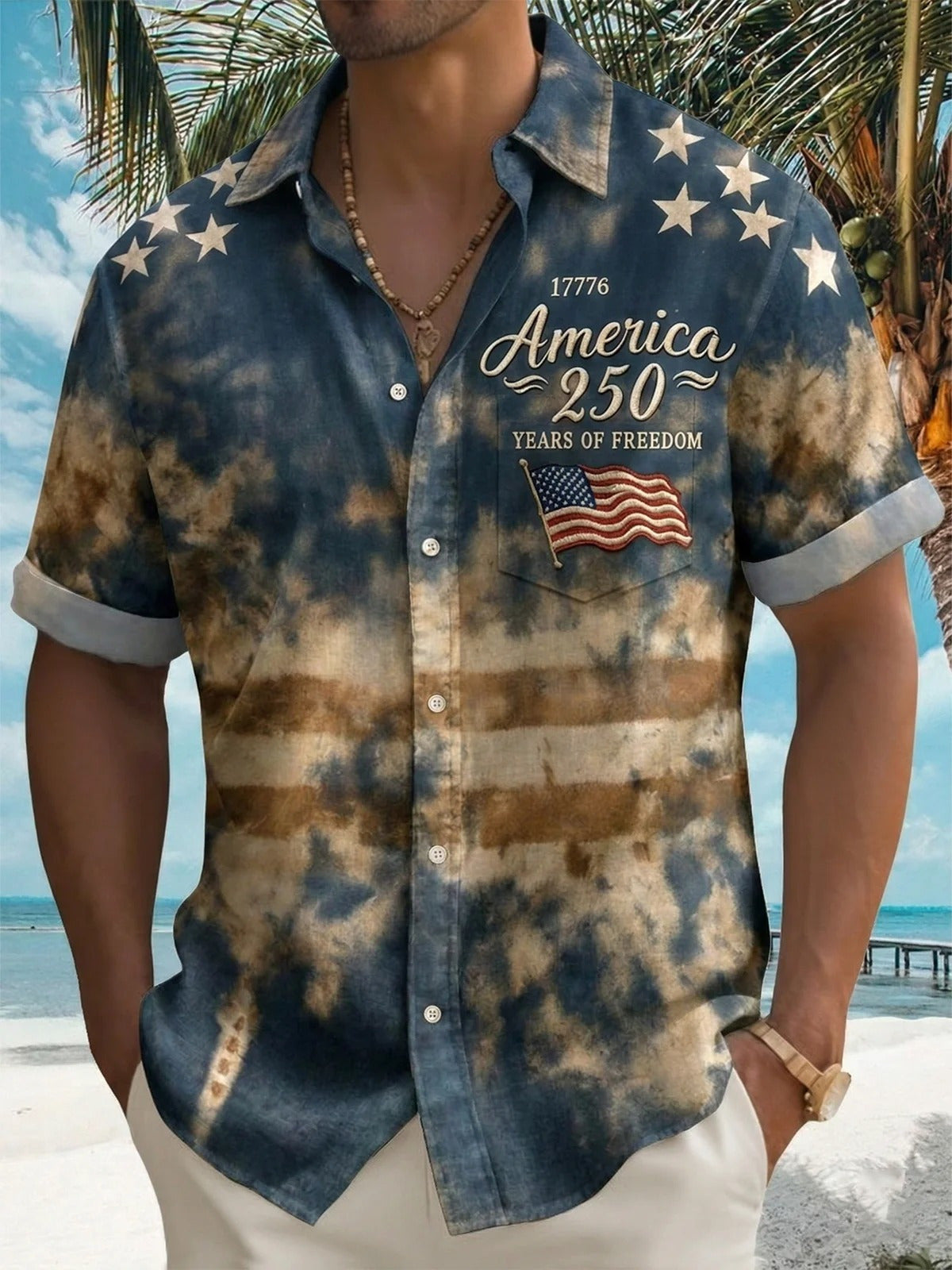 America 250 Years of Freedom Retro Print Men's Pocket Short Sleeve Shirts