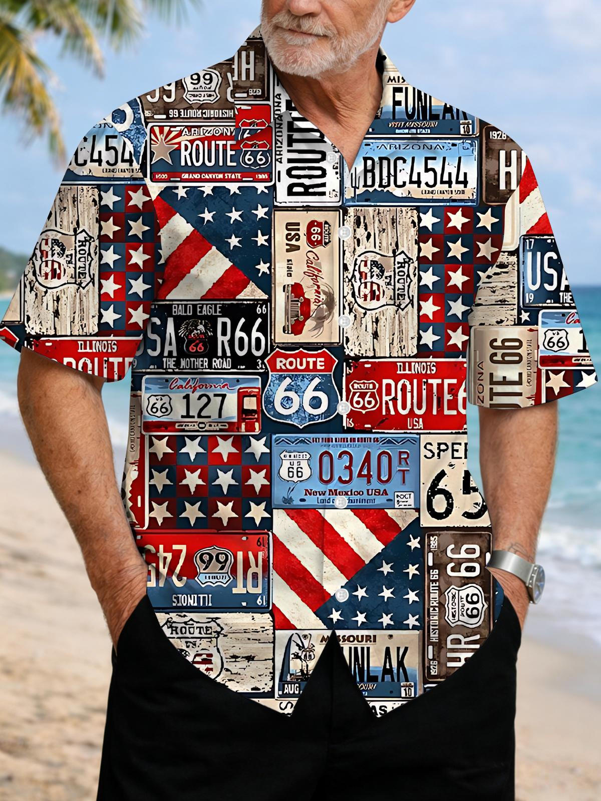 American License Plate Print Men's Pocket Short Sleeve Shirts