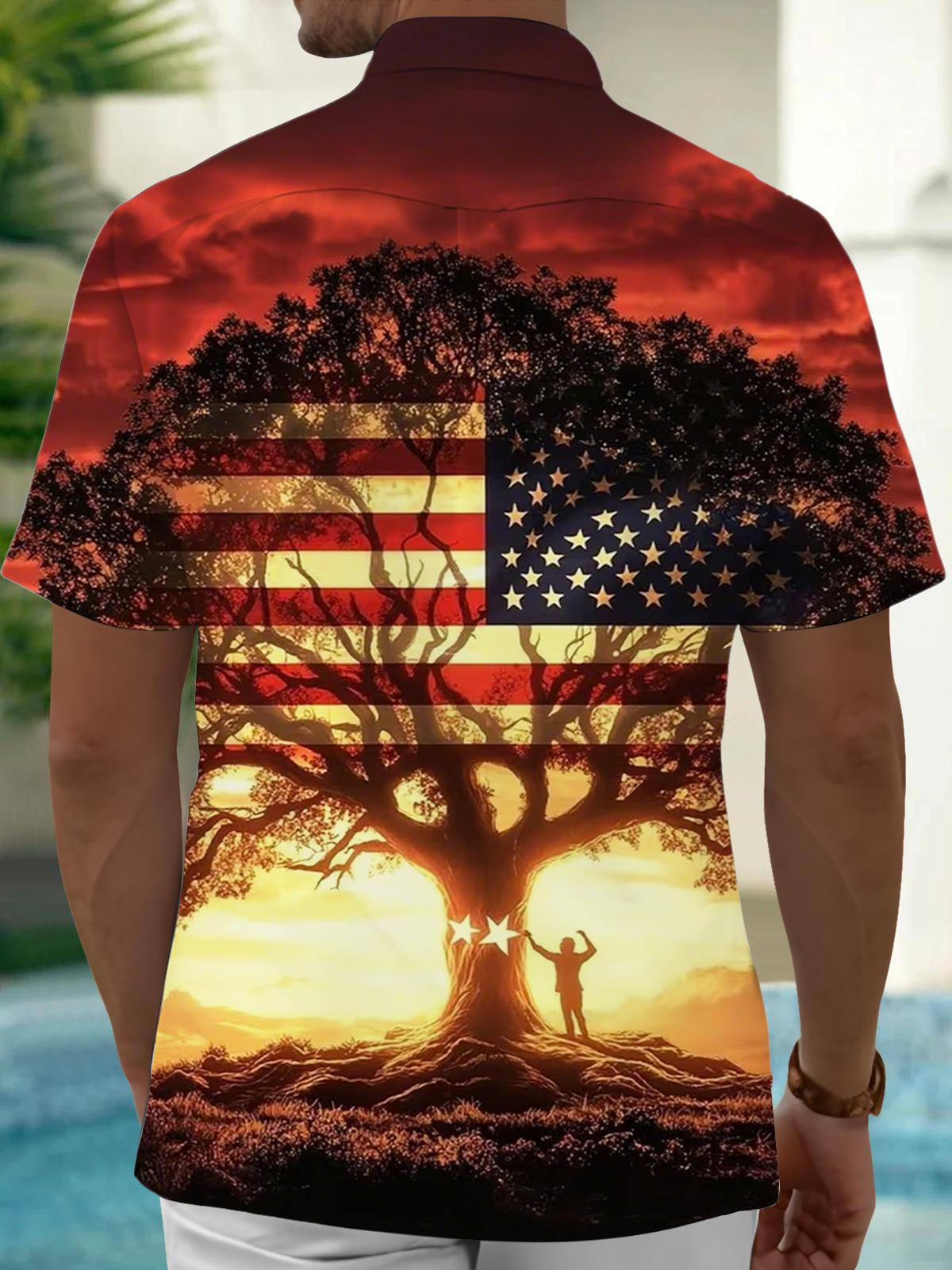 American Flag Tree Print Men's Pocket Short Sleeve Shirts