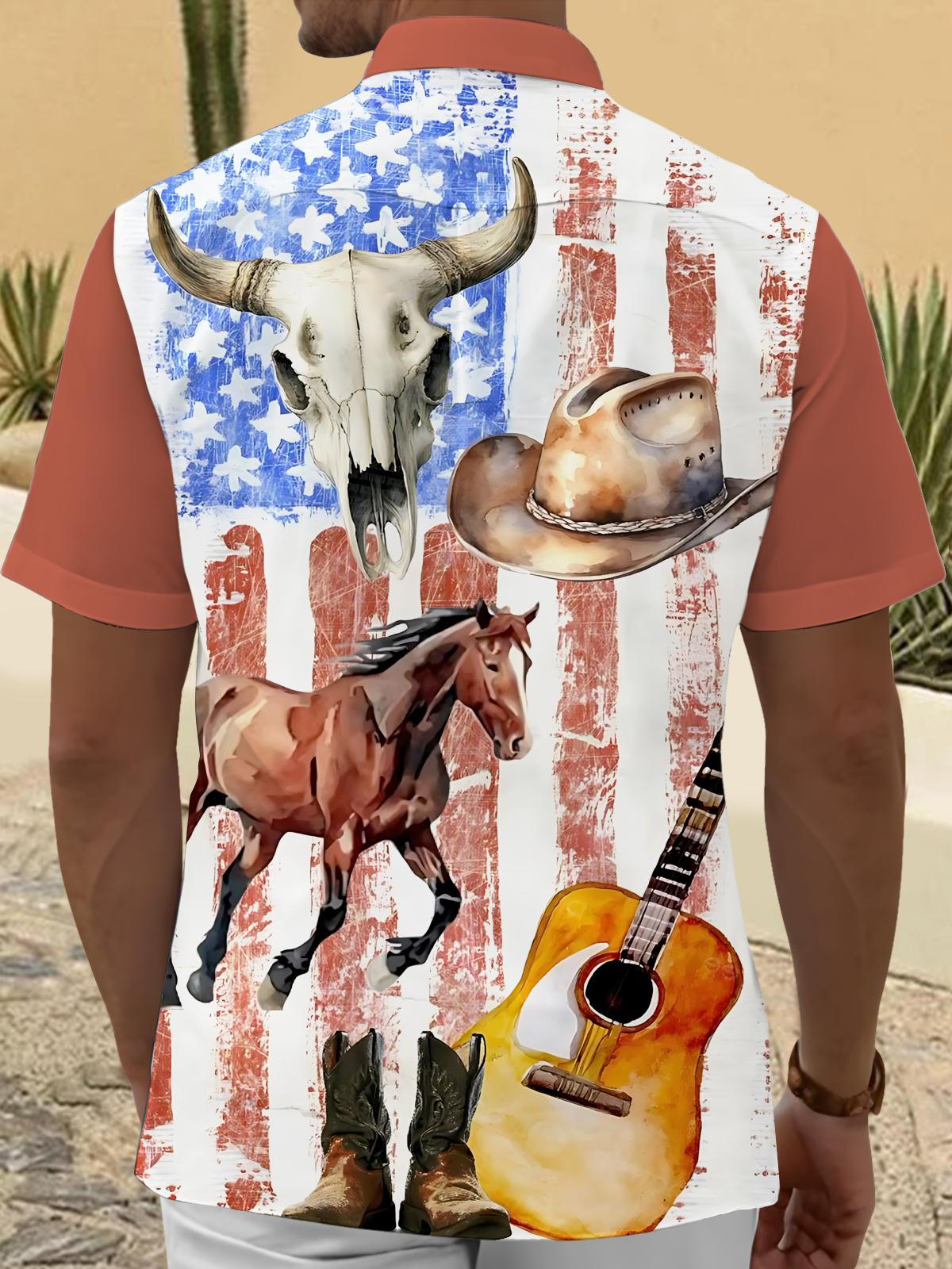 American Flag Western Art Print Men's Pocket Short Sleeve Shirts