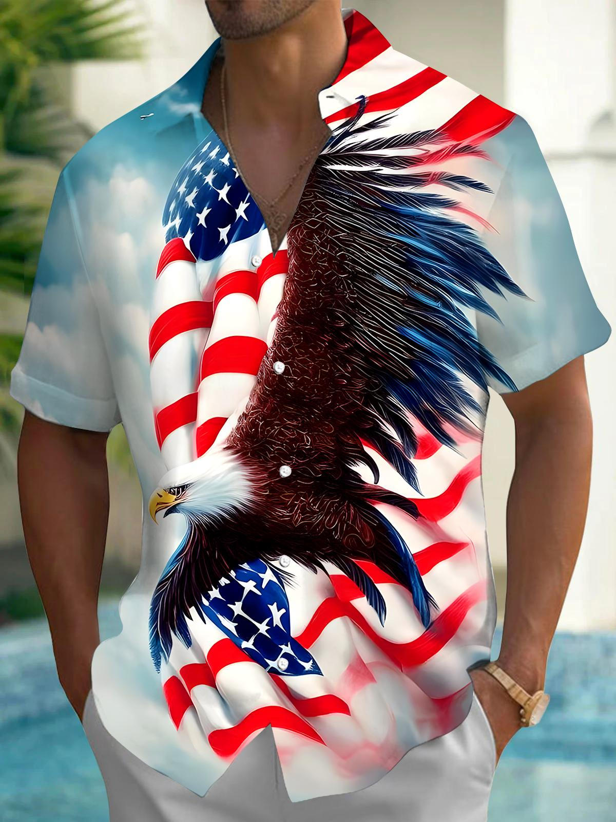 Independence Day American Flag Eagle Men's Pocket Short Sleeve Shirts